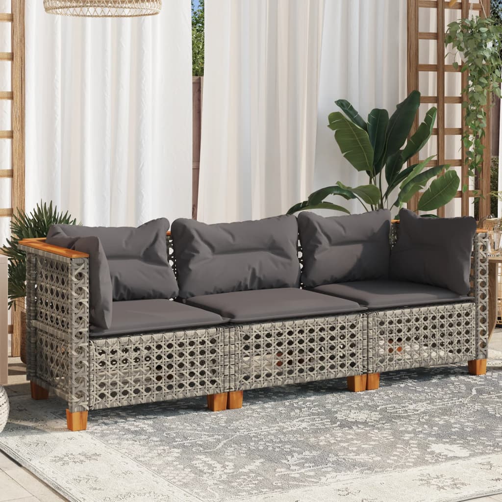 Gartensofa mit Kissen 3-Sitzer Grau Poly Rattan