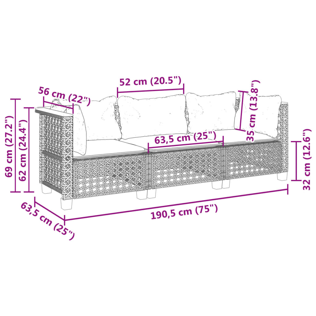 Canapé de jardin avec coussins 3 places en polyrotin gris