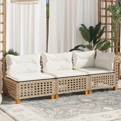 Gartensofa mit Kissen 3-Sitzer Beige Poly Rattan