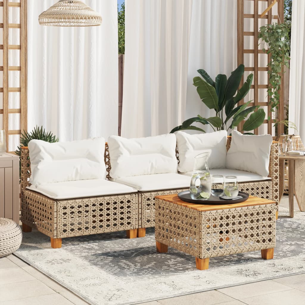 Gartensofa mit Kissen 3-Sitzer Beige Poly Rattan