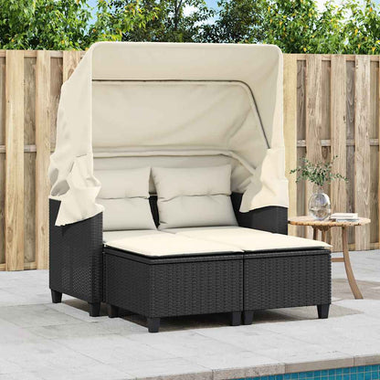 Gartensofa 2-Sitzer mit Dach und Hockern Schwarz Poly Rattan