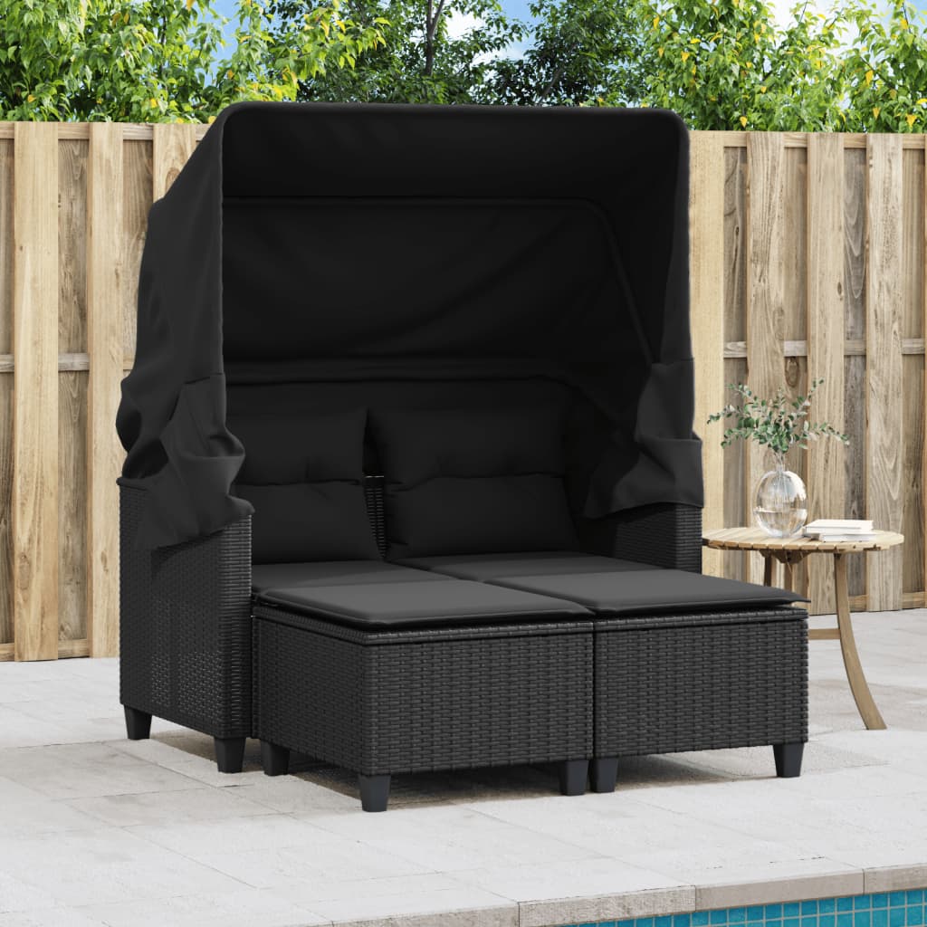 Gartensofa 2-Sitzer mit Dach und Hockern Schwarz Poly Rattan