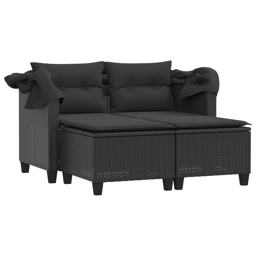 Gartensofa 2-Sitzer mit Dach und Hockern Schwarz Poly Rattan