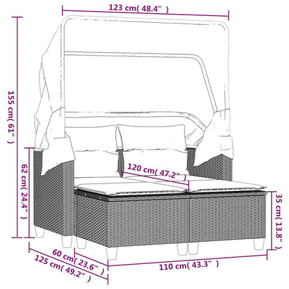Gartensofa 2-Sitzer mit Dach und Hockern Hellgrau Poly Rattan