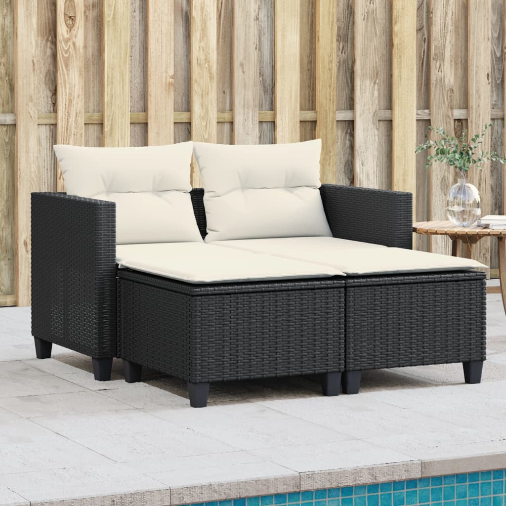 Gartensofa 2-Sitzer mit Hockern Schwarz Poly Rattan