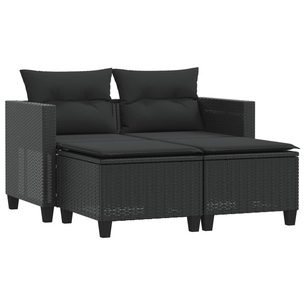 Gartensofa 2-Sitzer mit Hockern Schwarz Poly Rattan