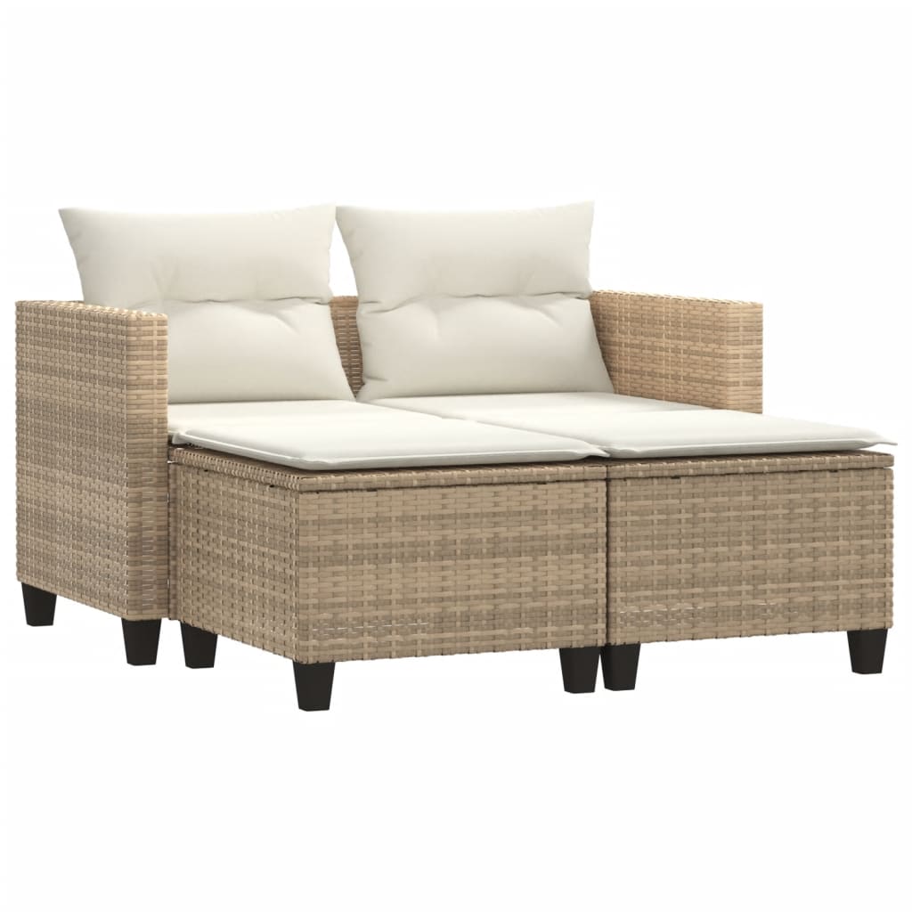 Gartensofa 2-Sitzer mit Hockern Beige Poly Rattan