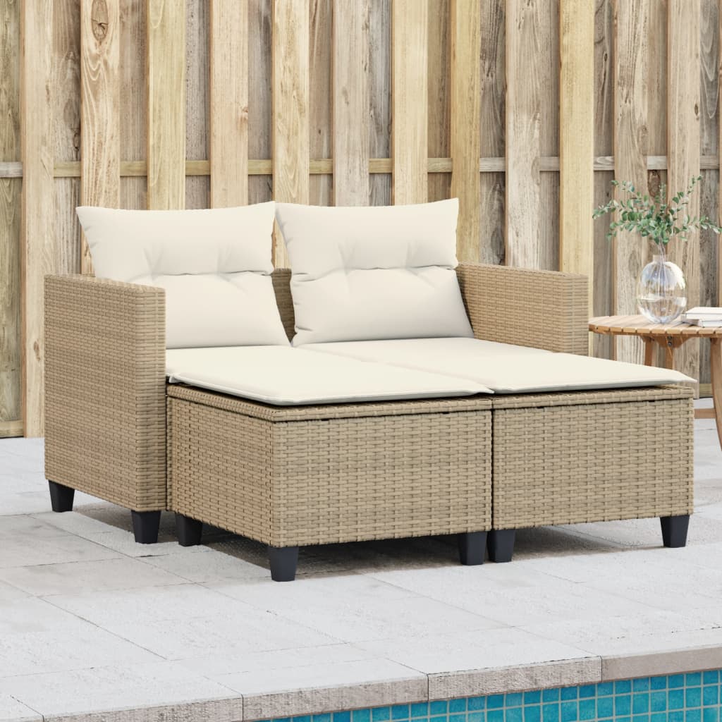 Gartensofa 2-Sitzer mit Hockern Beige Poly Rattan