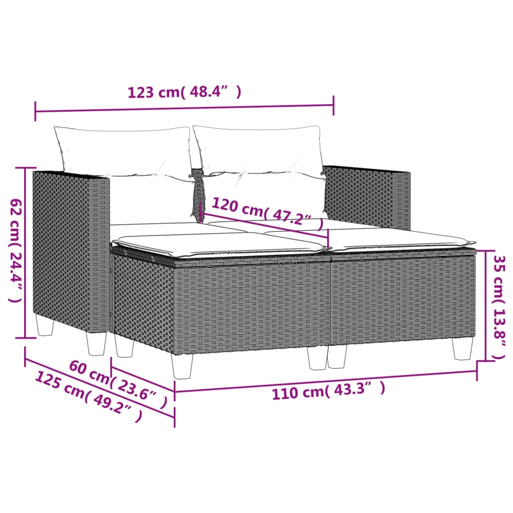 Canapé de jardin 2 places avec tabourets en poly rotin beige