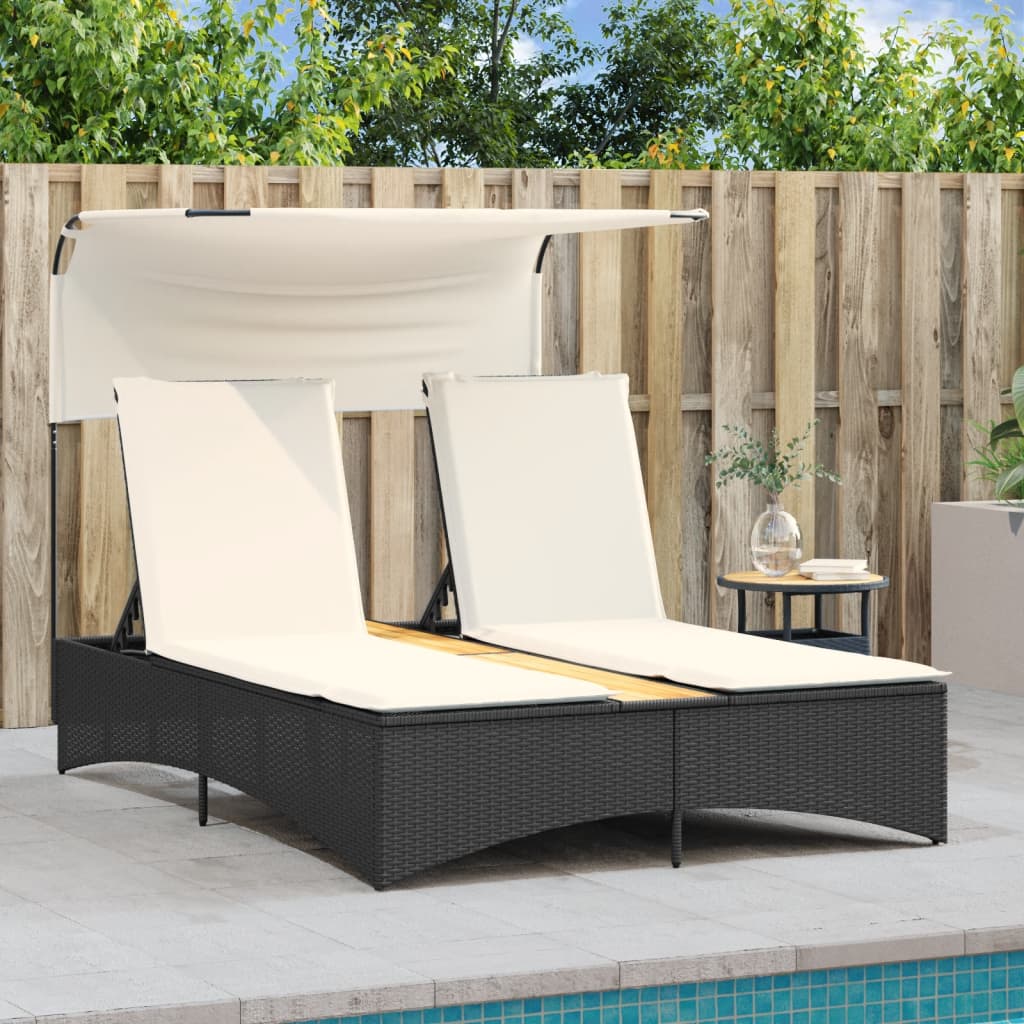 Bain de soleil double avec toit et coussins en polyrotin noir