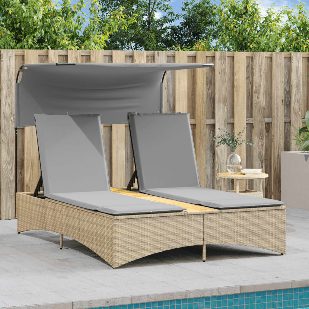 Bain de soleil double avec toit et coussins en polyrotin beige