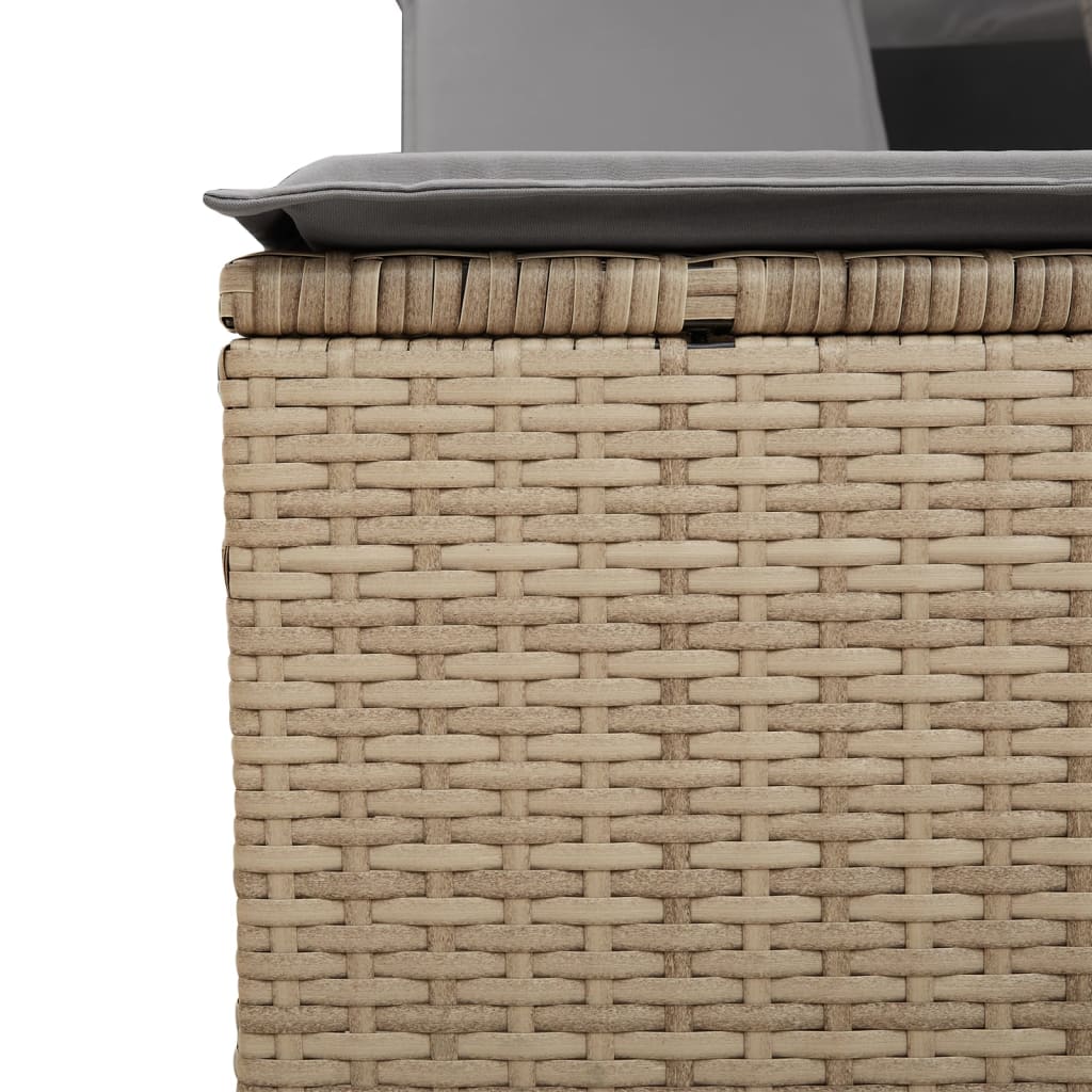 Doppel-Sonnenliege mit Dach und Auflagen Beige Poly Rattan