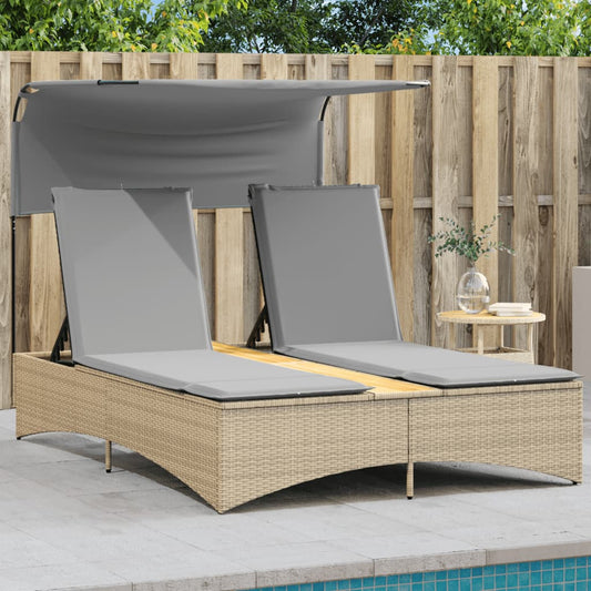 Bain de soleil double avec toit et coussins en polyrotin beige