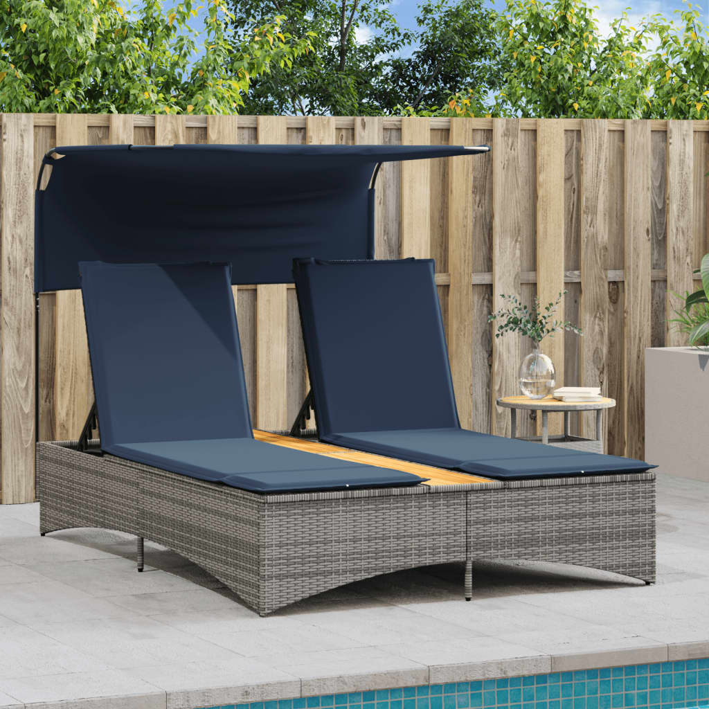 Doppel-Sonnenliege mit Dach und Kissen Grau Poly Rattan