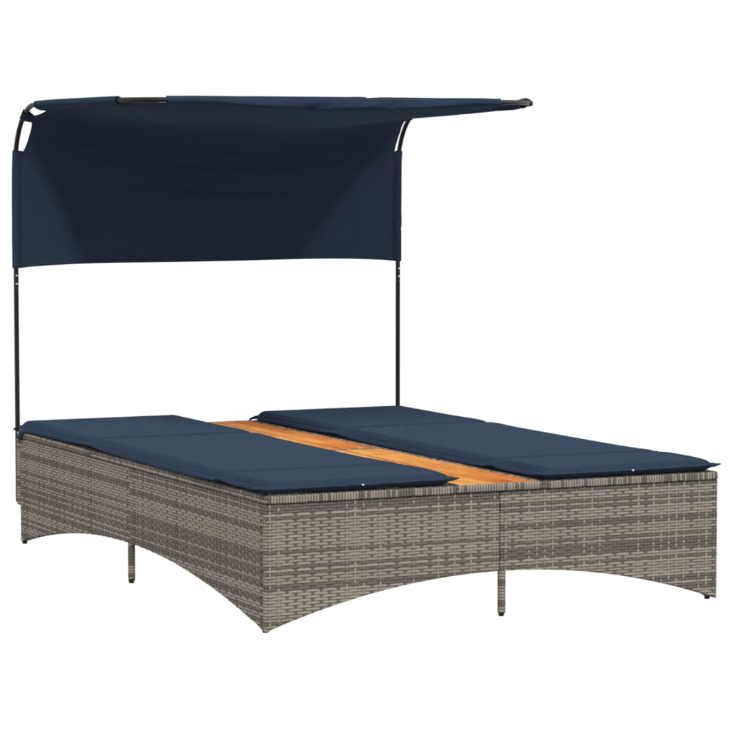 Doppel-Sonnenliege mit Dach und Kissen Grau Poly Rattan
