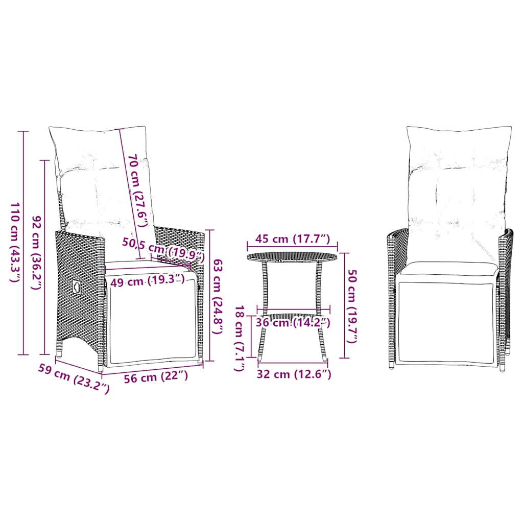 3-teiliges Bistro-Set mit Kissen Grau Poly Rattan