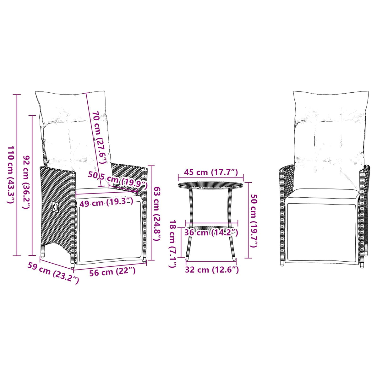 3-teiliges Bistro-Set mit Kissen Grau Poly Rattan