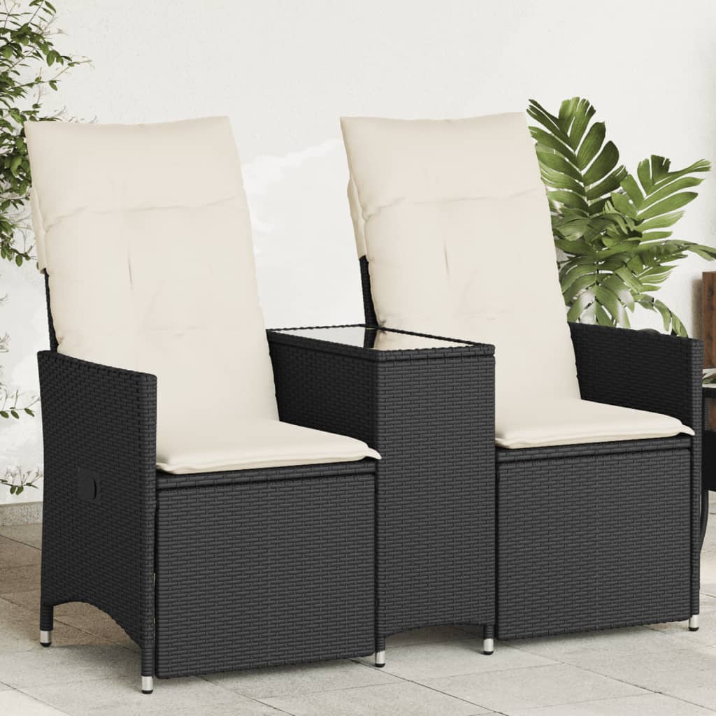 Gartensofa 2-Sitzer Verstellbar mit Tisch Schwarz Poly Rattan