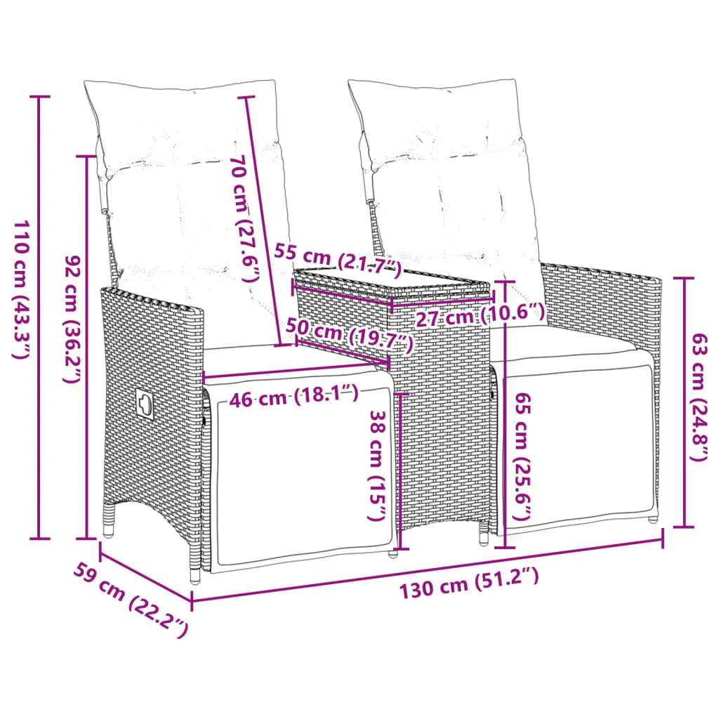 Gartensofa 2-Sitzer Verstellbar mit Tisch Grau Poly Rattan