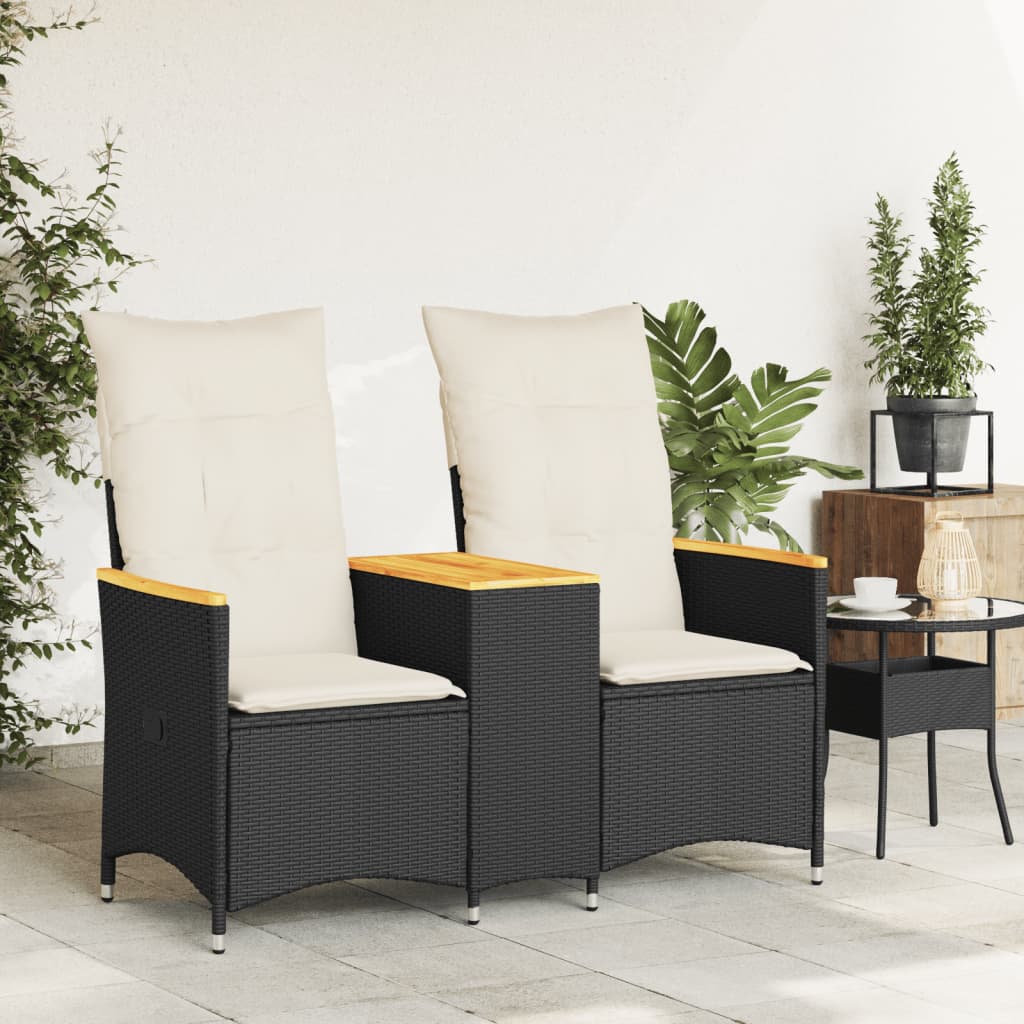 Gartensofa 2-Sitzer Verstellbar mit Tisch Schwarz Poly Rattan