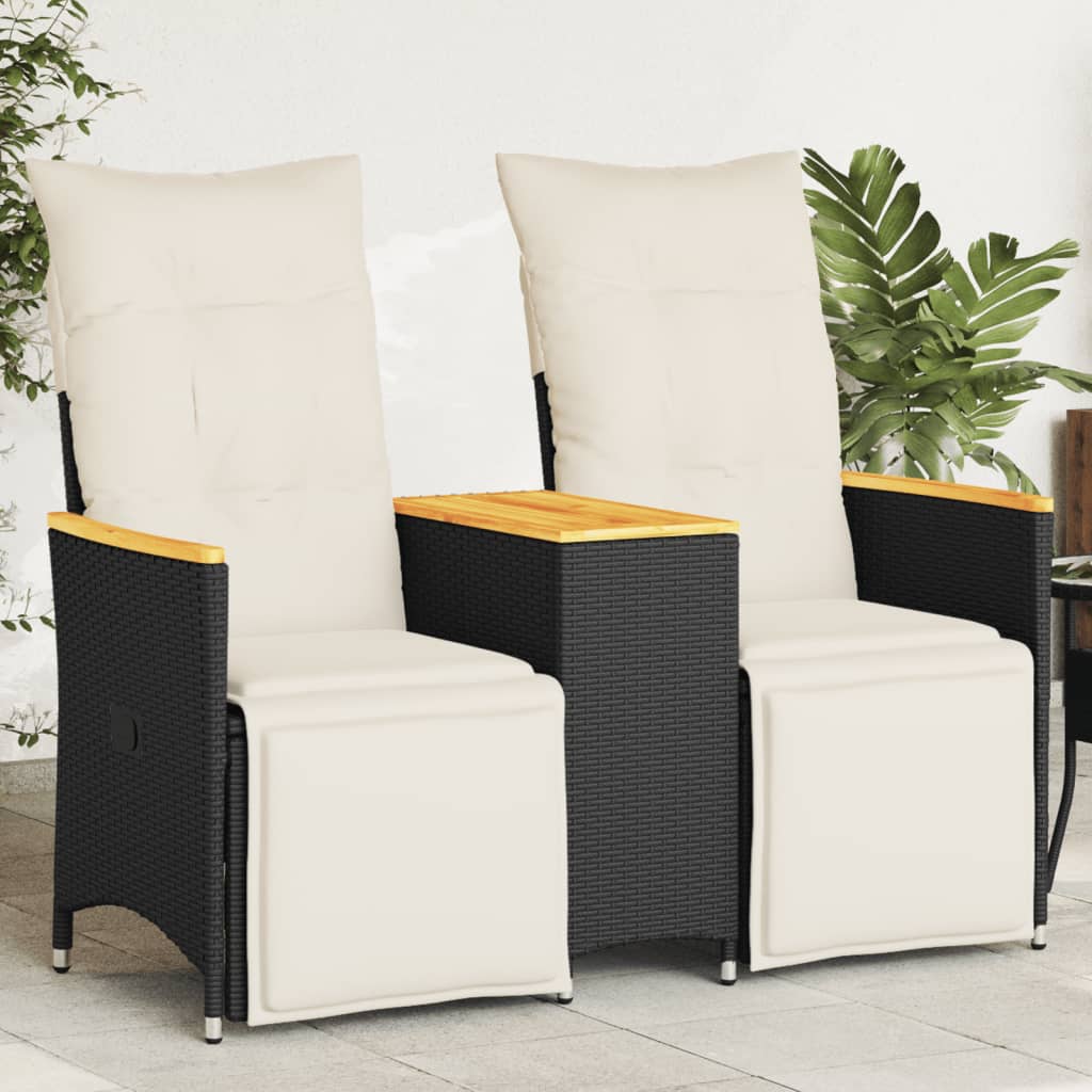 Gartensofa 2-Sitzer Verstellbar mit Tisch Schwarz Poly Rattan