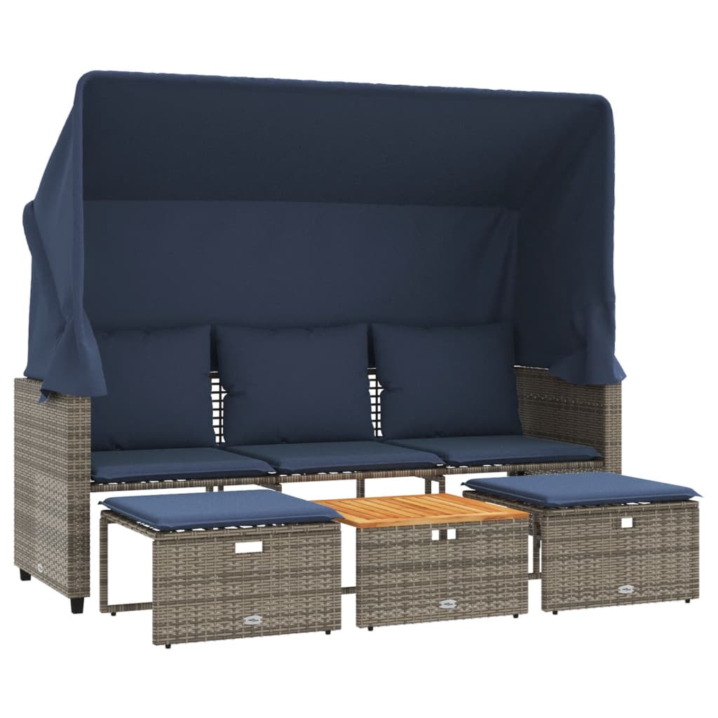 Gartensofa 3-Sitzer mit Baldachin und Hockern Grau Poly Rattan