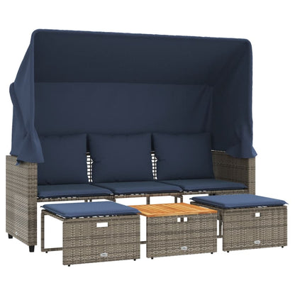 Gartensofa 3-Sitzer mit Baldachin und Hockern Grau Poly Rattan