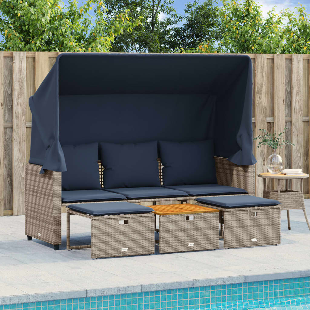 Gartensofa 3-Sitzer mit Baldachin und Hockern Grau Poly Rattan