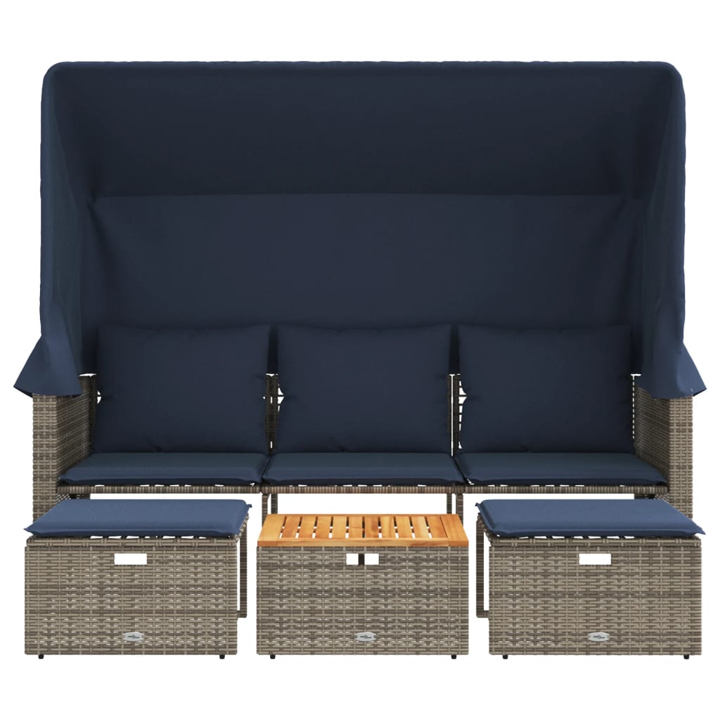 Gartensofa 3-Sitzer mit Baldachin und Hockern Grau Poly Rattan