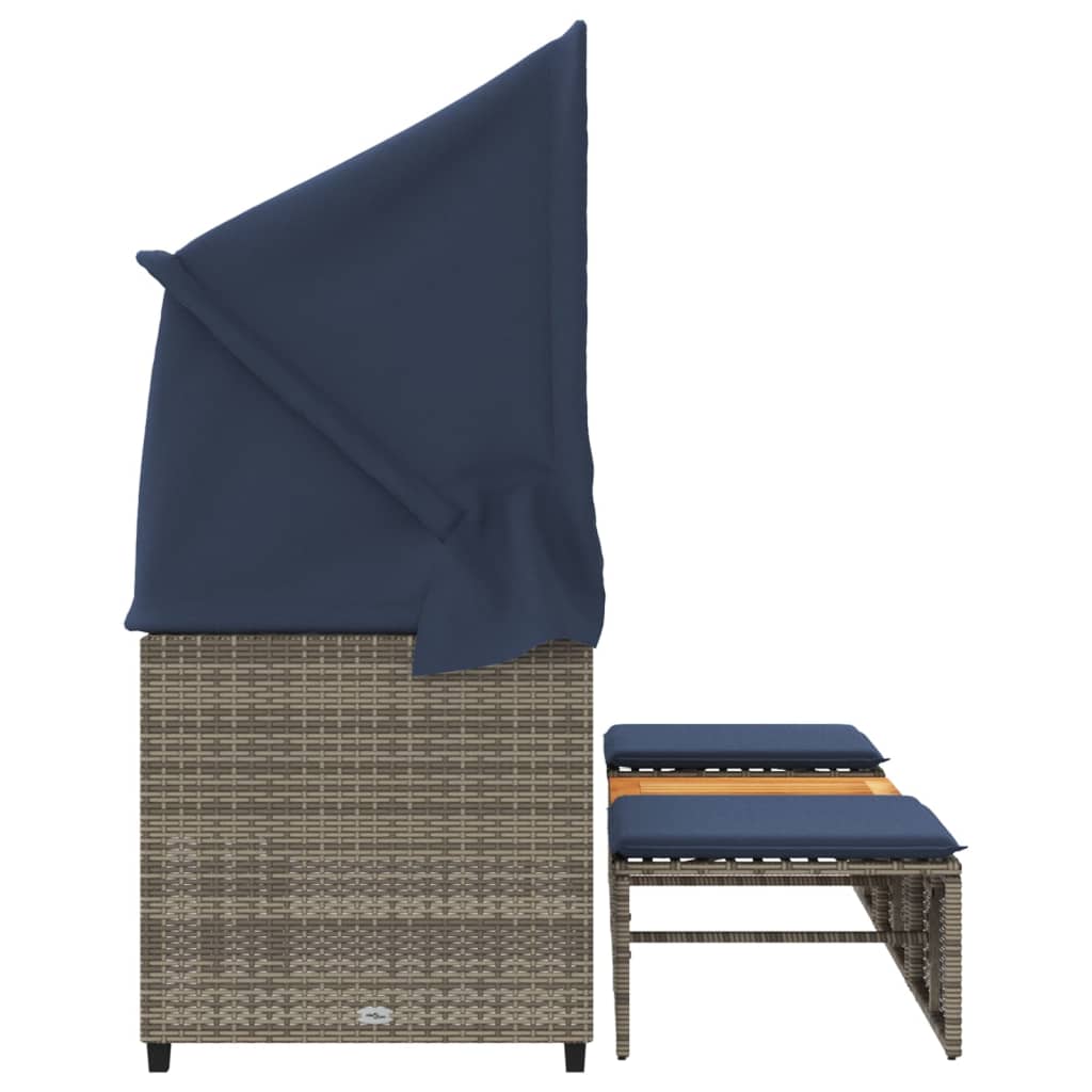 Gartensofa 3-Sitzer mit Baldachin und Hockern Grau Poly Rattan