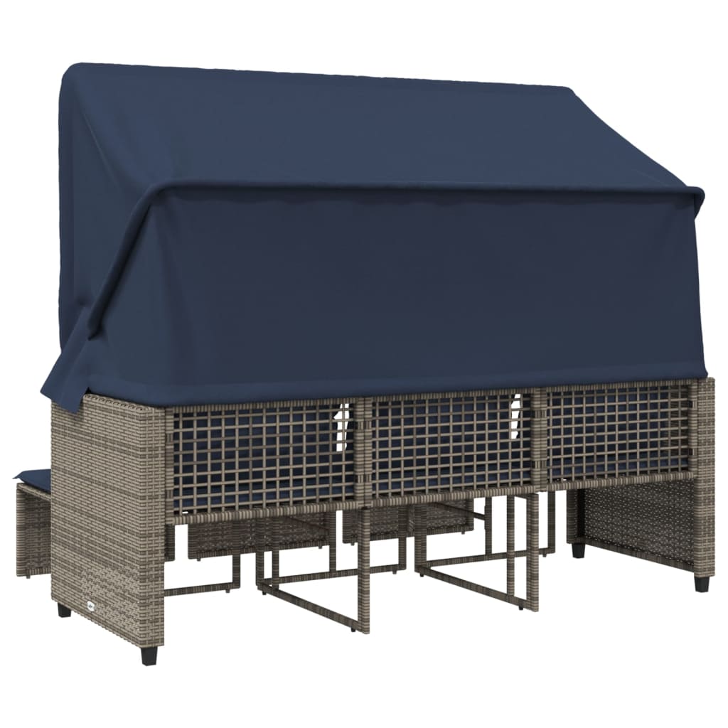 Gartensofa 3-Sitzer mit Baldachin und Hockern Grau Poly Rattan