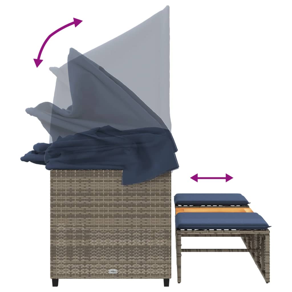 Gartensofa 3-Sitzer mit Baldachin und Hockern Grau Poly Rattan