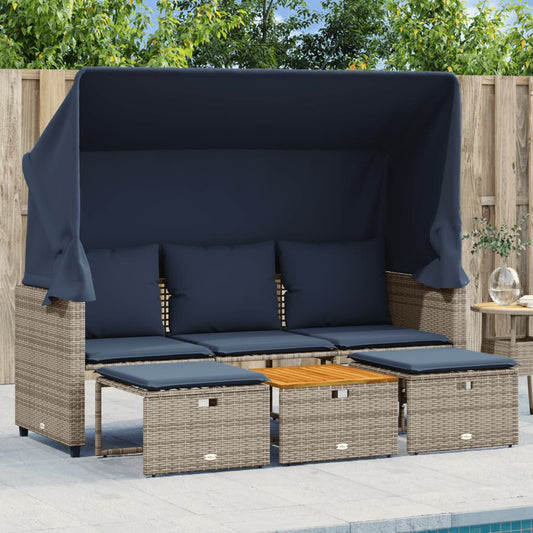 Gartensofa 3-Sitzer mit Baldachin und Hockern Grau Poly Rattan