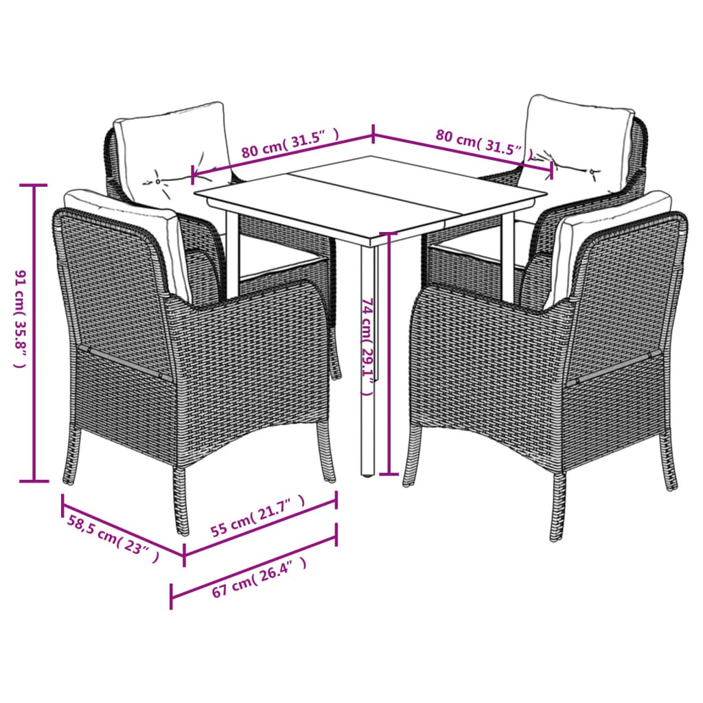 5-tlg. Garten-Essgruppe mit Kissen Schwarz Poly Rattan