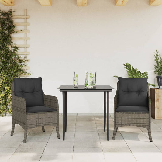 3-tlg. Garten-Essgruppe mit Kissen Grau Poly Rattan