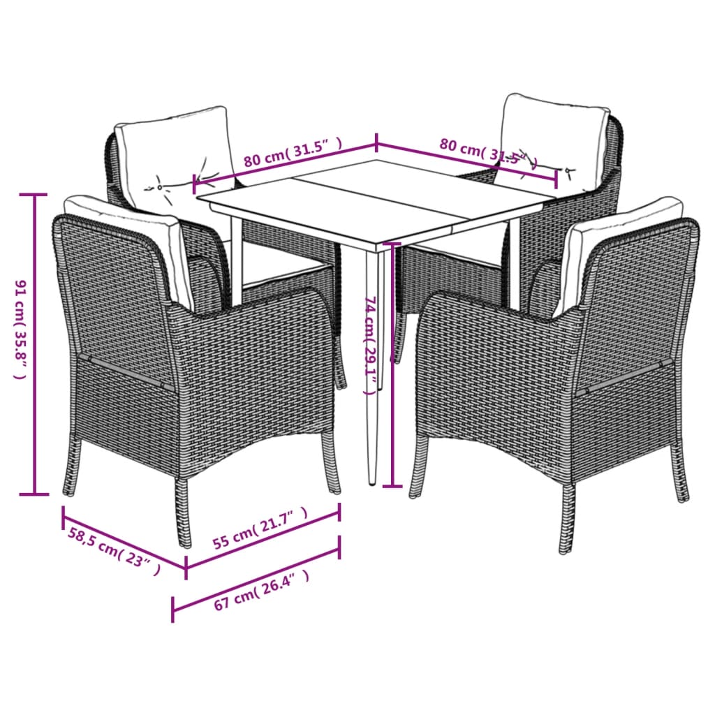 5-tlg. Garten-Essgruppe mit Kissen Grau Poly Rattan