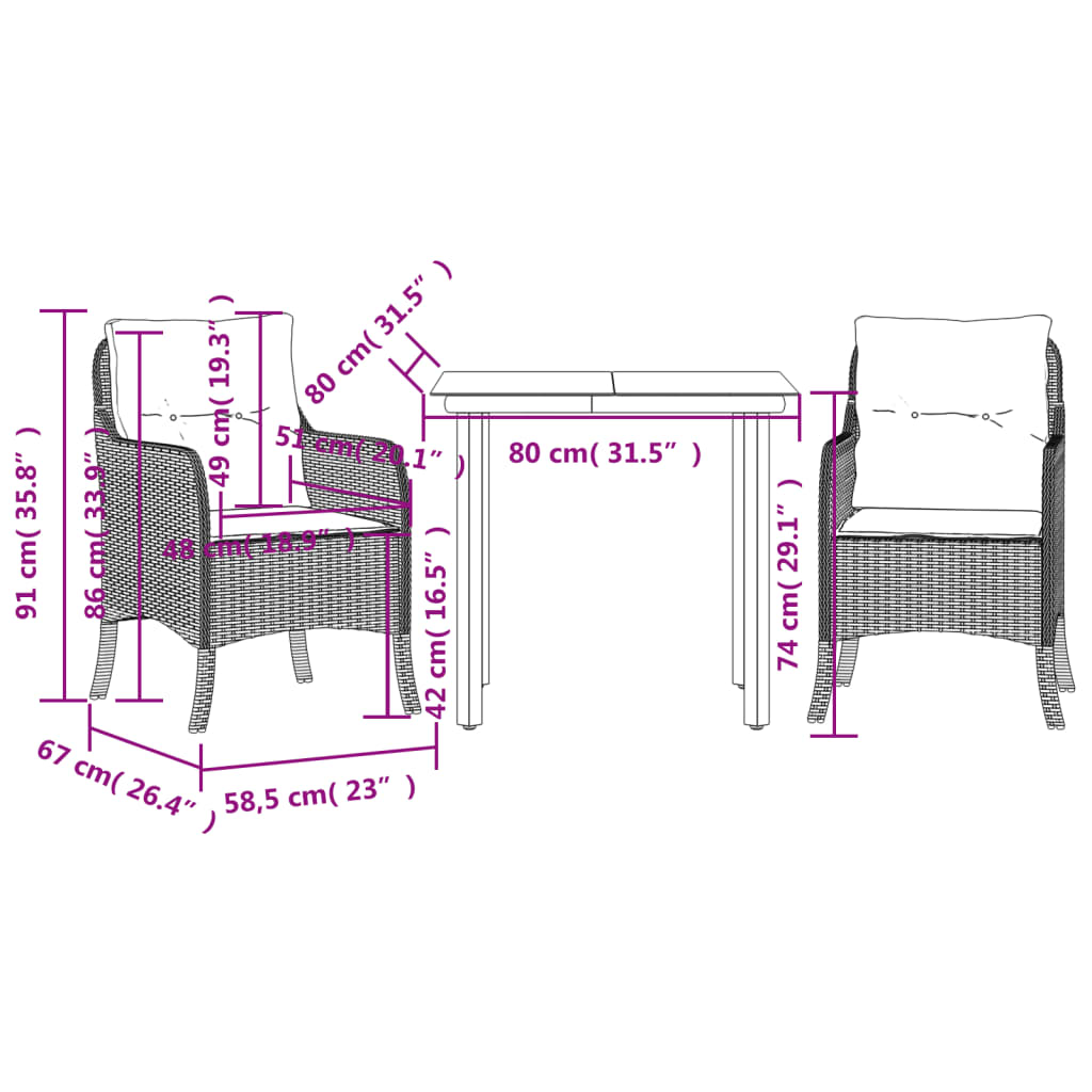 3-tlg. Garten-Essgruppe mit Kissen Grau Poly Rattan