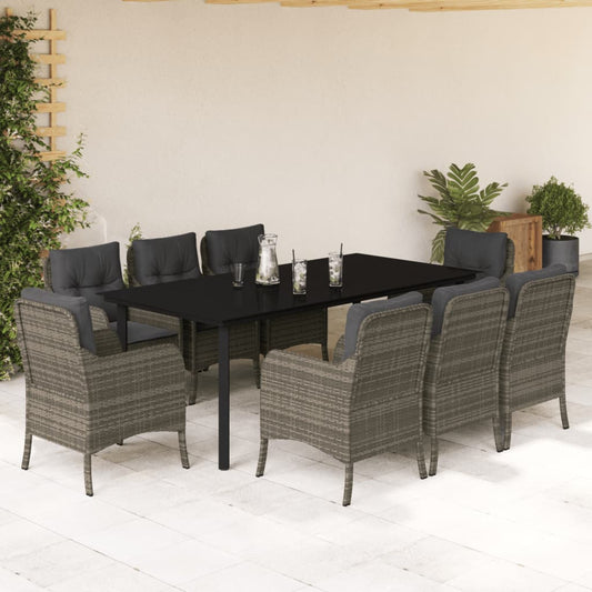 9-tlg. Garten-Essgruppe mit Kissen Grau Poly Rattan