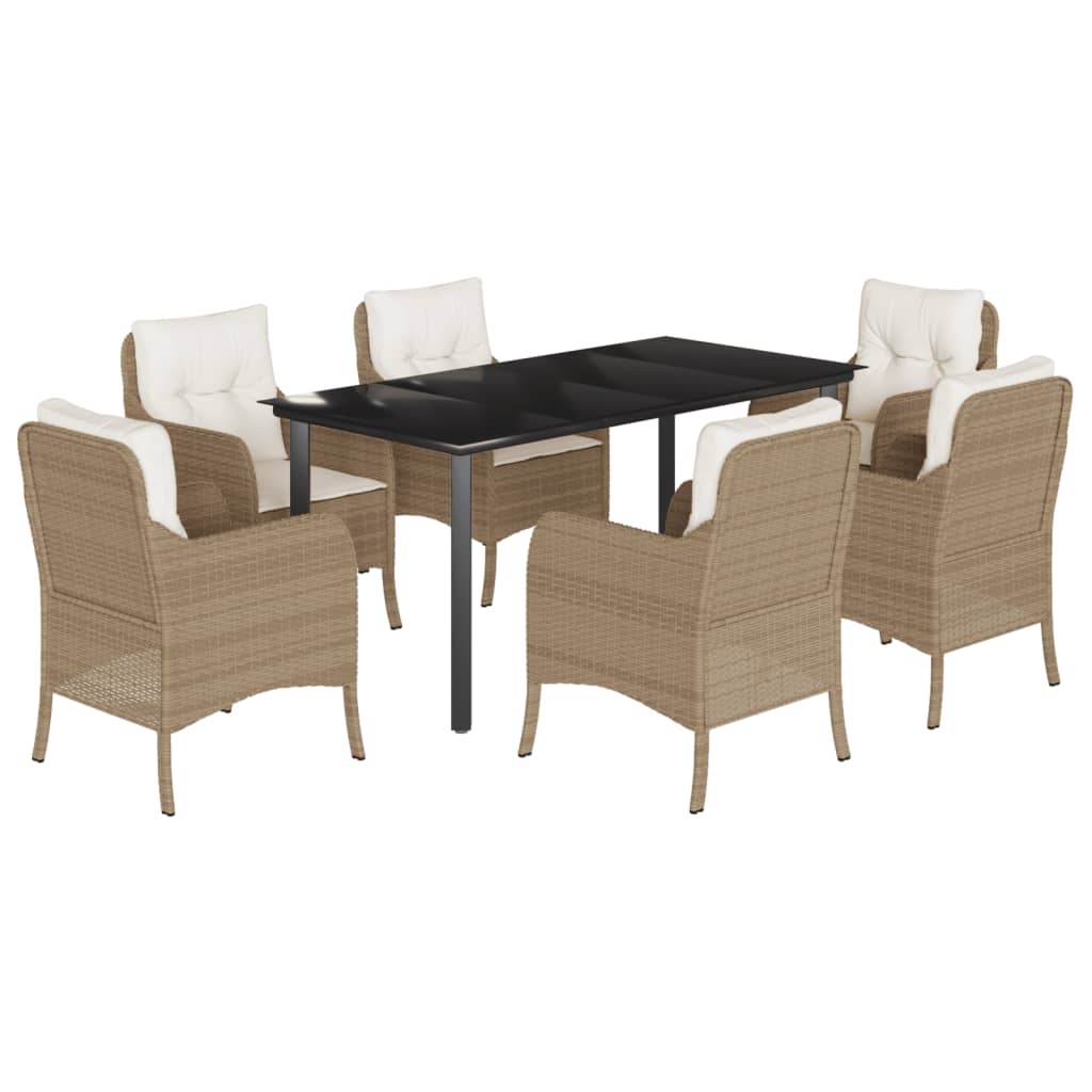 7-tlg. Garten-Essgruppe mit Kissen Beige Poly Rattan