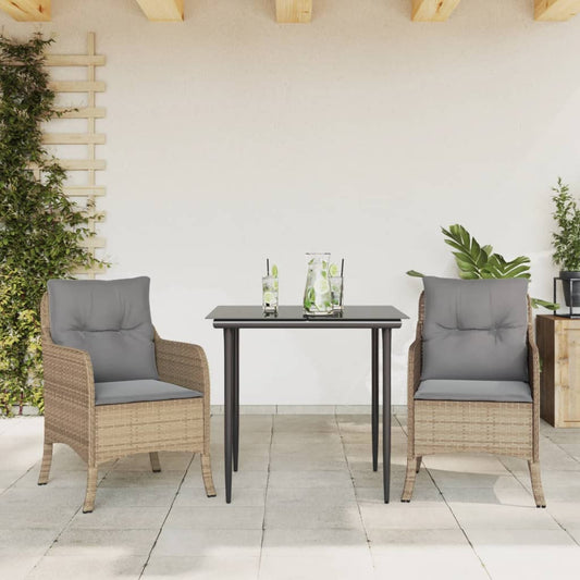 3-tlg. Garten-Essgruppe mit Kissen Beige Poly Rattan