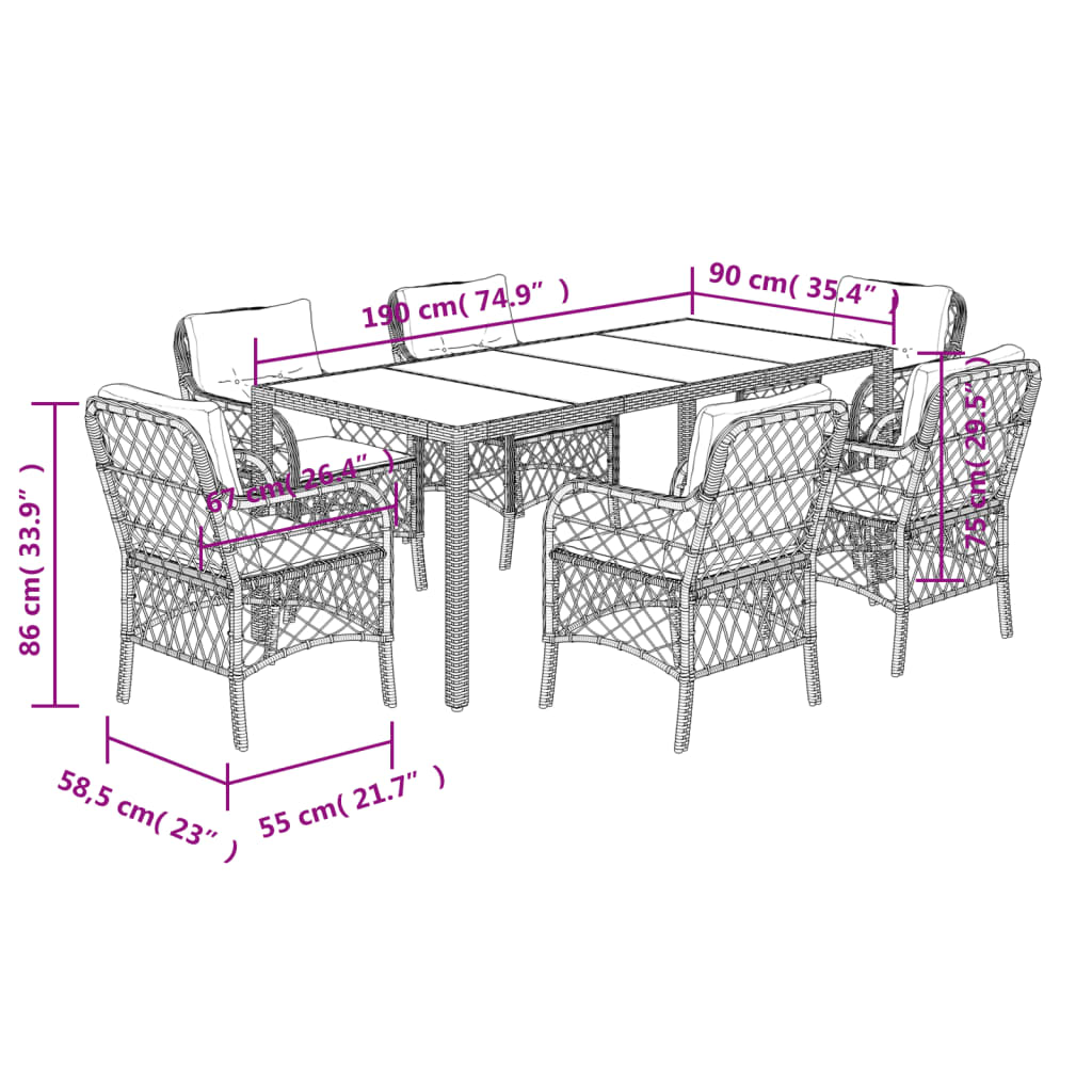 7-tlg. Garten-Essgruppe mit Kissen Grau Poly Rattan