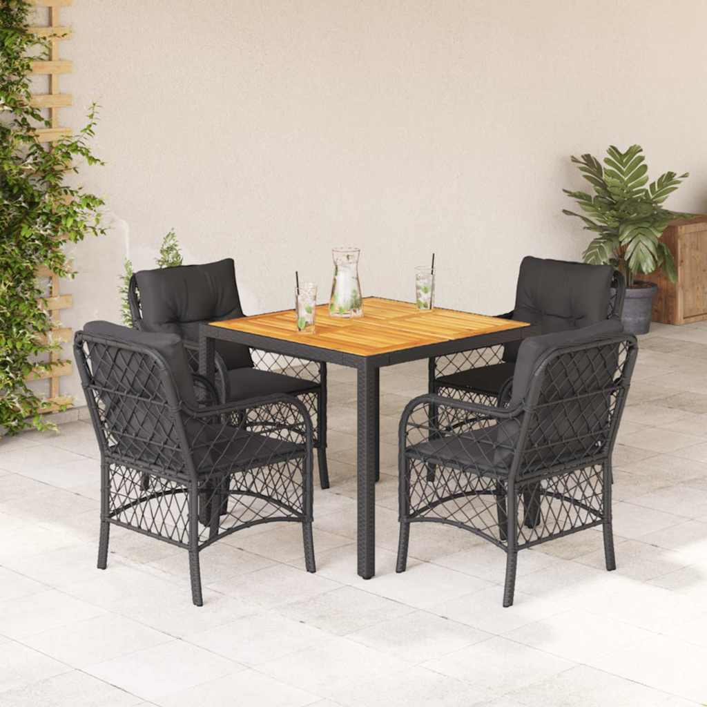 5-tlg. Garten-Essgruppe mit Kissen Schwarz Poly Rattan
