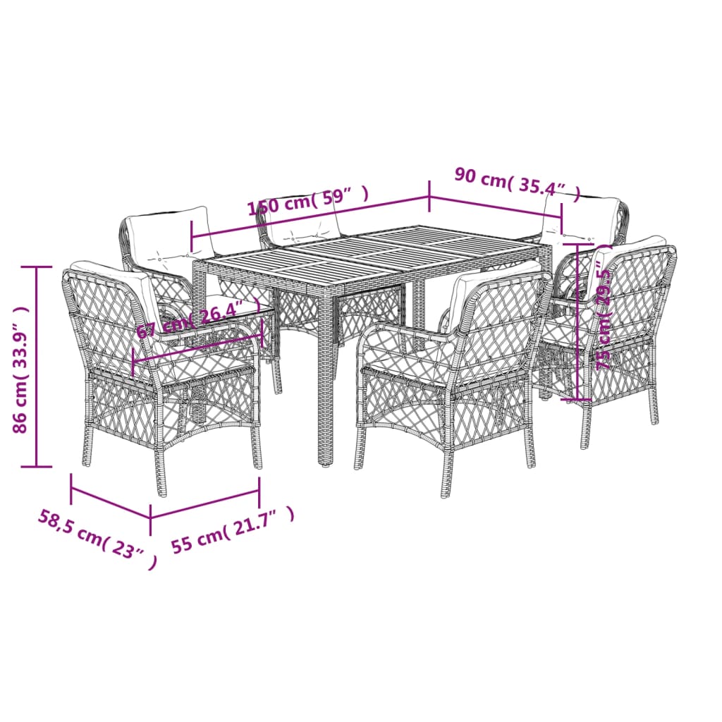 7-tlg. Garten-Essgruppe mit Kissen Grau Poly Rattan