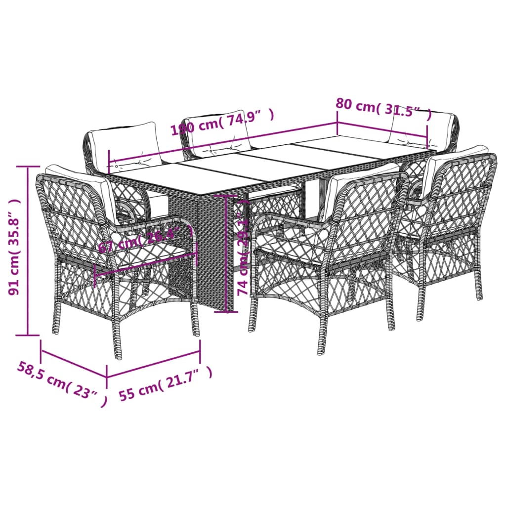 7-tlg. Garten-Essgruppe mit Kissen Beige Poly Rattan
