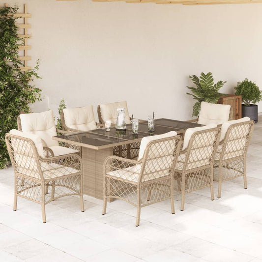 9-tlg. Garten-Essgruppe mit Kissen Beige Poly Rattan