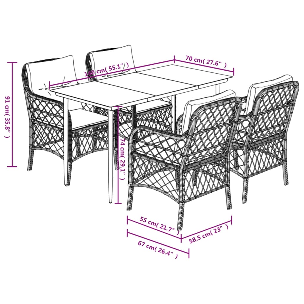 5-tlg. Garten-Essgruppe mit Kissen Schwarz Poly Rattan