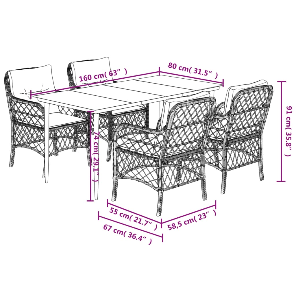 5-tlg. Garten-Essgruppe mit Kissen Schwarz Poly Rattan