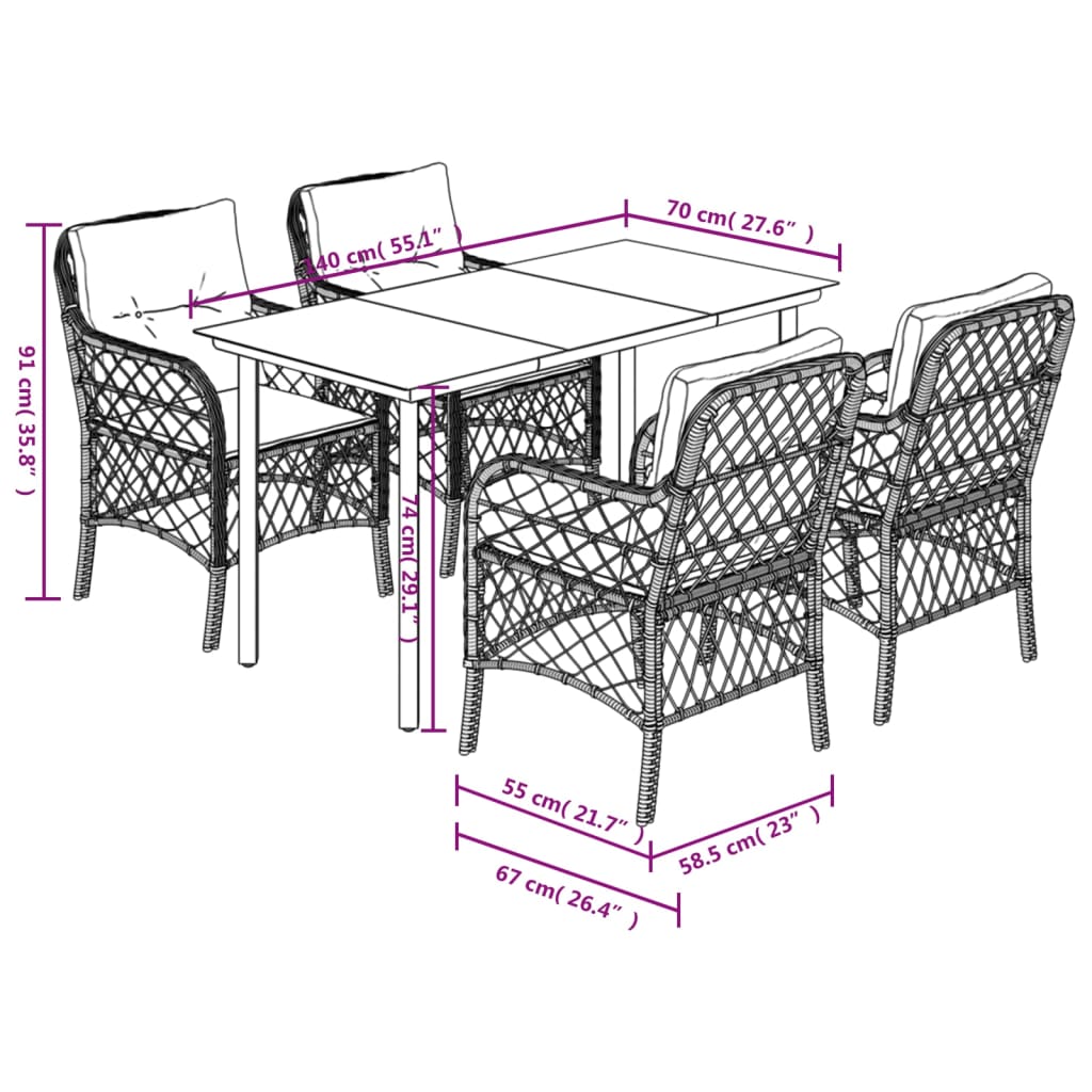 5-tlg. Garten-Essgruppe mit Kissen Schwarz Poly Rattan