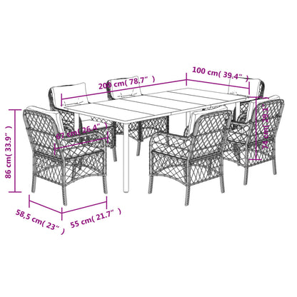7-tlg. Garten-Essgruppe mit Kissen Schwarz Poly Rattan