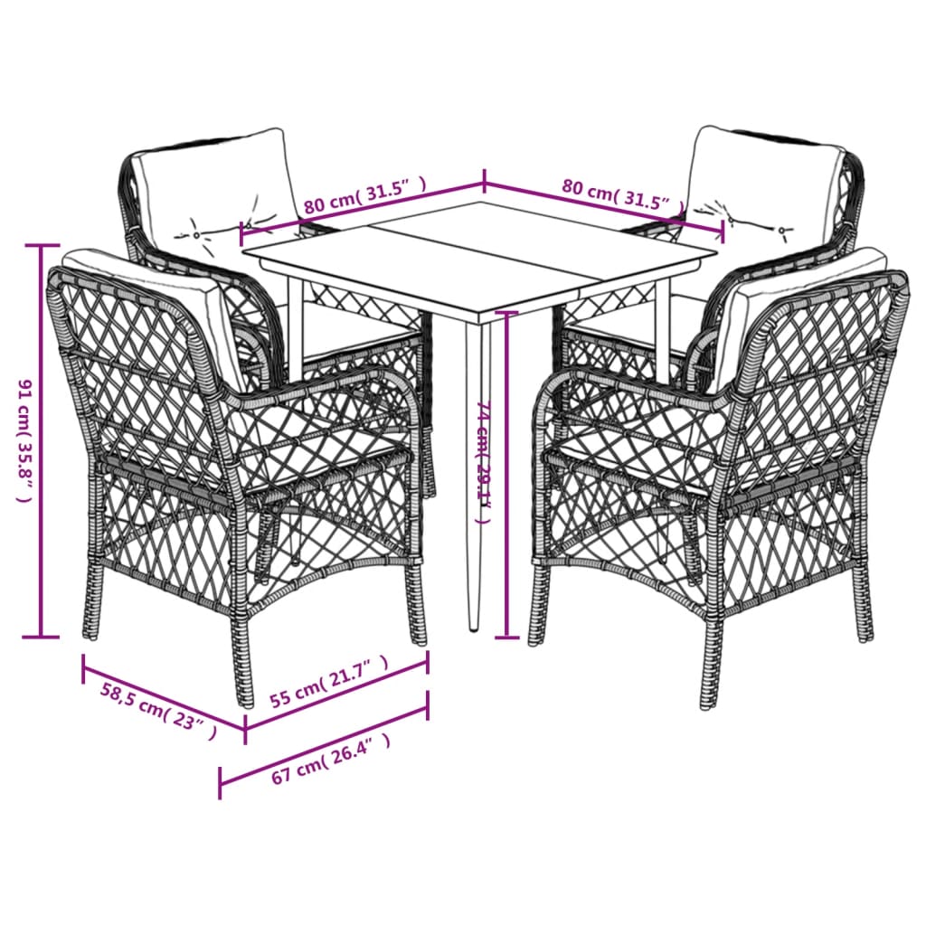 5-tlg. Garten-Essgruppe mit Kissen Braun Poly Rattan